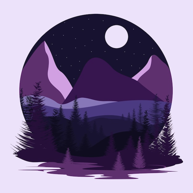 Paisaje nocturno de dibujos animados con montañas y bosques.