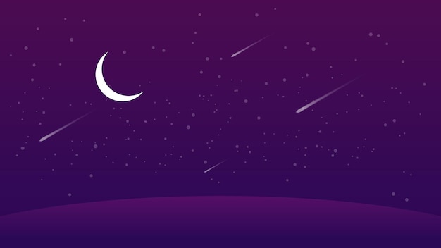 paisaje nocturno escena de dibujos animados colina oscura con luna creciente y meteorito en el cielo estrellado