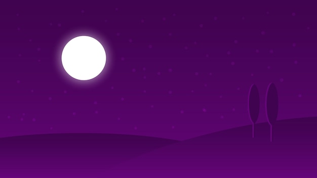 Vector paisaje nocturno escena de dibujos animados colina oscura con luna llena y árbol en el cielo estrellado