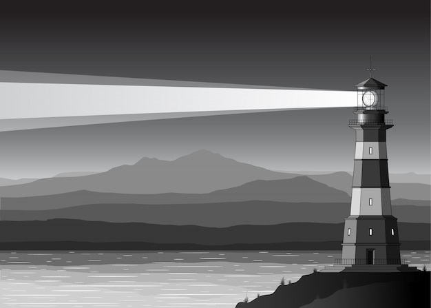 Vector paisaje nocturno con faro detallado.