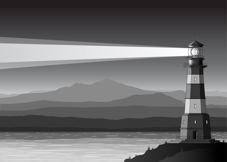 Vector paisaje nocturno con faro detallado.