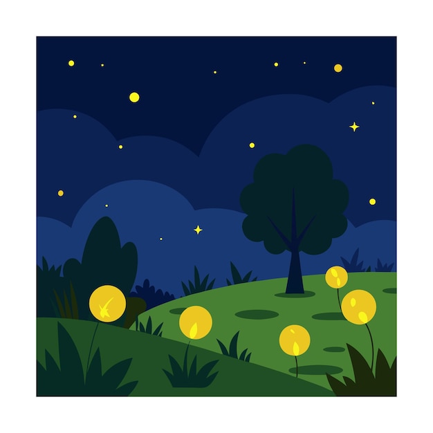 Paisaje nocturno con flores y estrellas brillantes