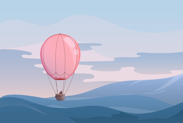 Paisaje nocturno con globo rosa sobre el valle, laderas brumosas. Ilustración plana