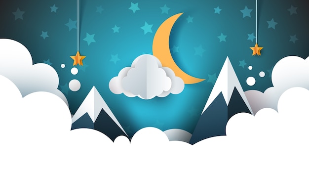 Paisaje nocturno - ilustración de dibujos animados. Nube, montaña, luna, estrella.