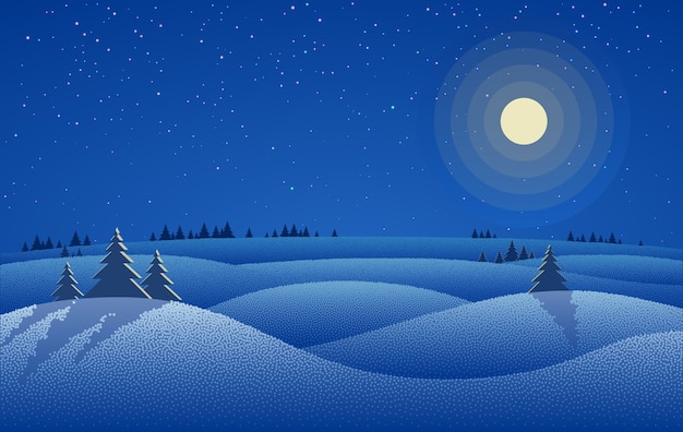 Paisaje nocturno de invierno con nieve, árboles y cielo estrellado nocturno con luna