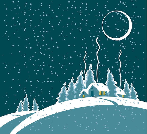 Vector paisaje nocturno de invierno con pueblo en el bosque