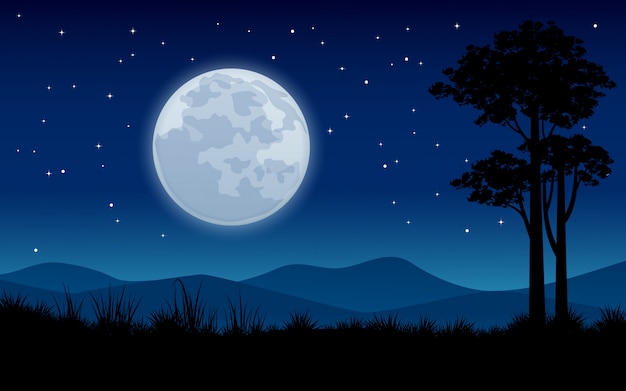 Vector paisaje nocturno con luna llena y silueta de árbol