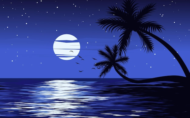 Paisaje nocturno en el mar con luna, estrellas y palmeras. ilustración de paisaje vectorial