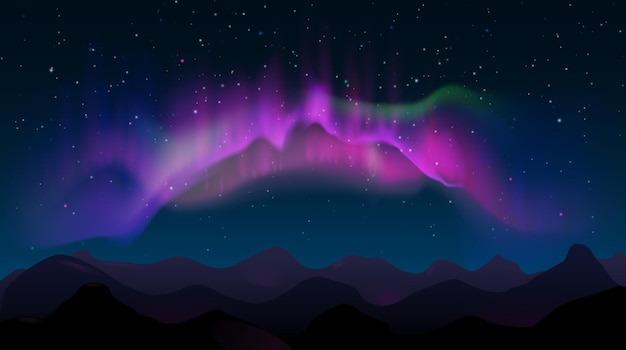 Paisaje nocturno de montaña abstracto con auroras boreales y estrellas. Luces de colores del norte en el cielo, ilustración de vector brillante natural polar