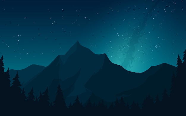 Vector paisaje nocturno de montaña con vía láctea