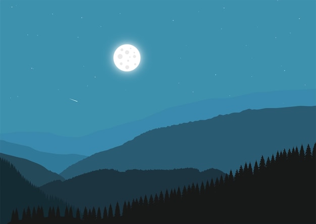 paisaje nocturno con montañas y luna llena, ilustración vectorial.