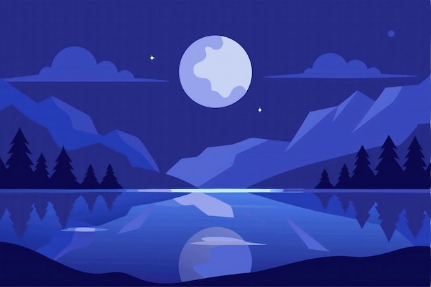 Paisaje nocturno con montañas lunares y lago