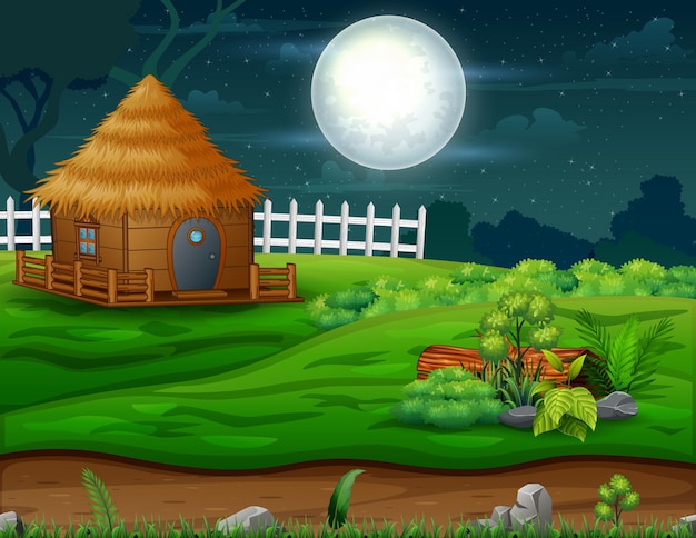 Paisaje nocturno con una pequeña cabaña en medio de la naturaleza.