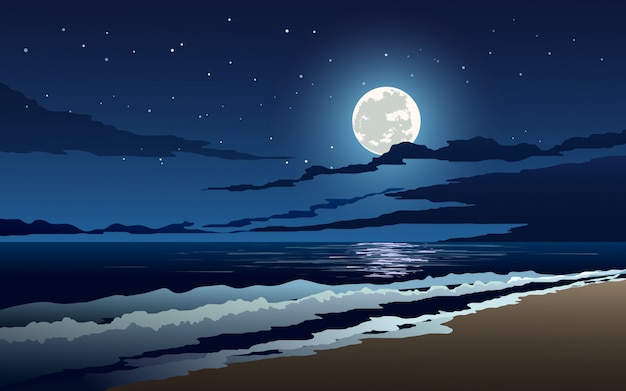 Vector paisaje nocturno en la playa con olas, luna llena y estrellas