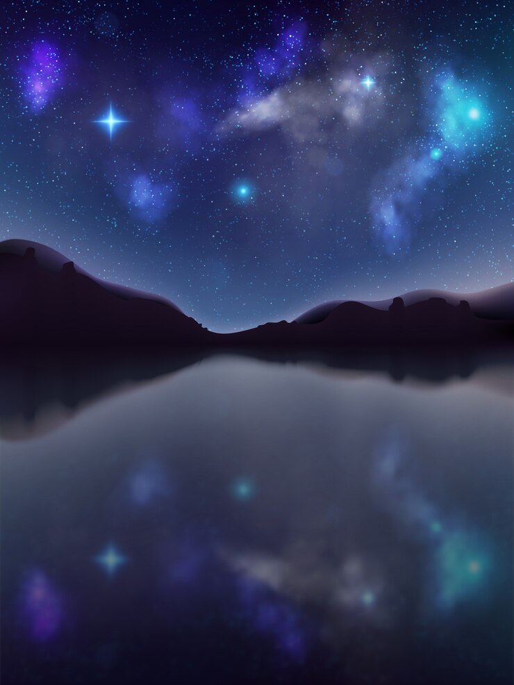 Vector paisaje nocturno con siluetas oscuras de montañas y cielo con estrellas. mística con lago.