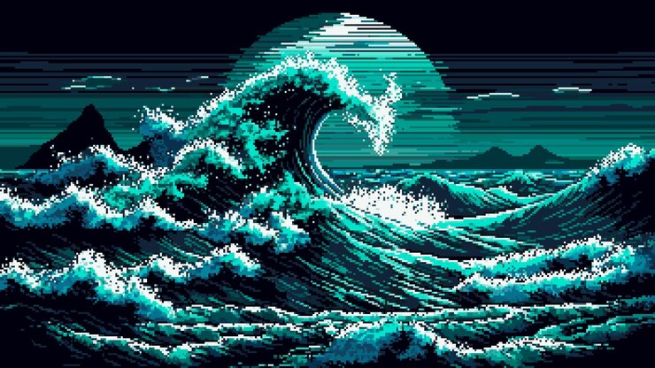 Vector el paisaje de las olas del mar del tsunami ai generó un fondo de escena de juego de píxeles de 8 bits con un sorprendente desastre natural pixelado las condiciones climáticas capturan la intensidad y el poder de la turbulenta tormenta oceánica