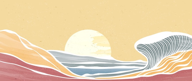 Paisaje de olas del océano Pintura moderna minimalista creativa e impresión de arte lineal Fondos estéticos contemporáneos abstractos paisajes con ilustraciones de vectores de olas del horizonte del mar del océano