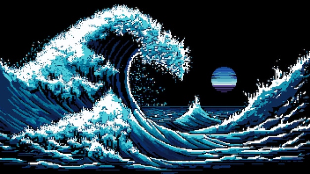 Vector paisaje de olas de tormenta marina nocturna ai generó fondo de dibujos animados vectoriales de escena de juego de píxeles de 8 bits olas tormentosas del océano y ondas de agua del paisaje marino tormentoso del viento del huracán en píxeles de 8 bits para nivel arcade