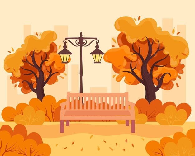 Vector paisaje otoñal, banco de parque y linterna retro entre árboles y arbustos. ilustración, imágenes prediseñadas