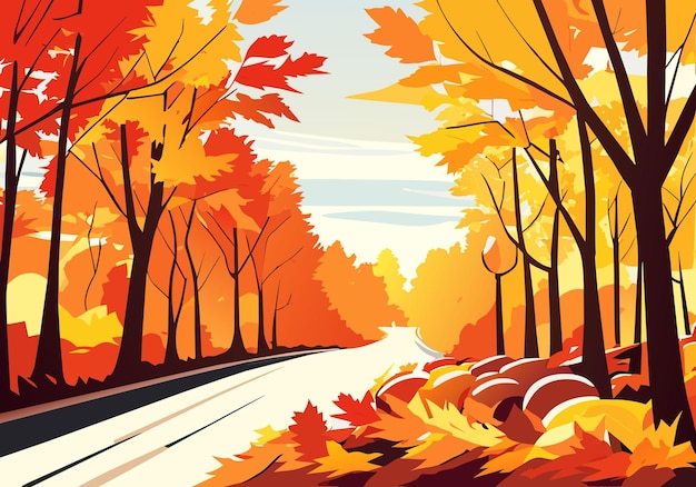 Paisaje otoñal escénico del horizonte dorado con camino de follaje y árbol