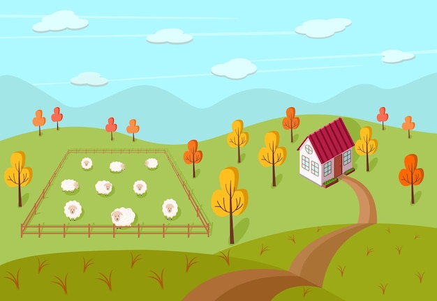 Vector paisaje otoñal de una granja, una casa y un prado con ovejas. ilustración de vector de un pueblo.