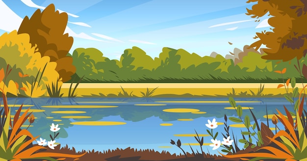 Paisaje de otoño con árboles de estanque y flores que se reflejan en el agua cielo brillante y nubes paisaje natural