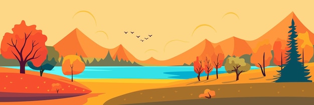 Vector paisaje de otoño con árboles montañas campos hojas lago río y pájaros paisaje rural