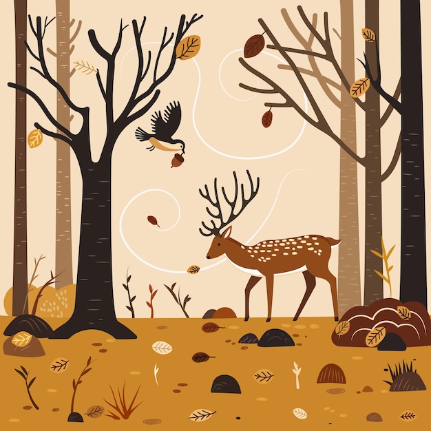 Paisaje de otoño con ciervos salvajes en el parque de la reserva Fondo del bosque de otoño Las hojas marrones están cayendo Paisaje del País de las Maravillas en la temporada de otoño hermoso cartel para imprimir postales Ilustración vectorial