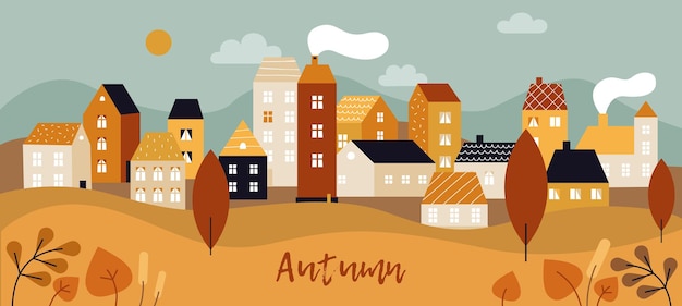 Vector paisaje de otoño de la ciudad. panorama de la temporada de otoño con sencillas casas lindas y árboles y plantas con hojas amarillas. fondo de vector de ciudad mínima. planta de ilustración, temporada de otoño de escena, árbol de otoño al aire libre