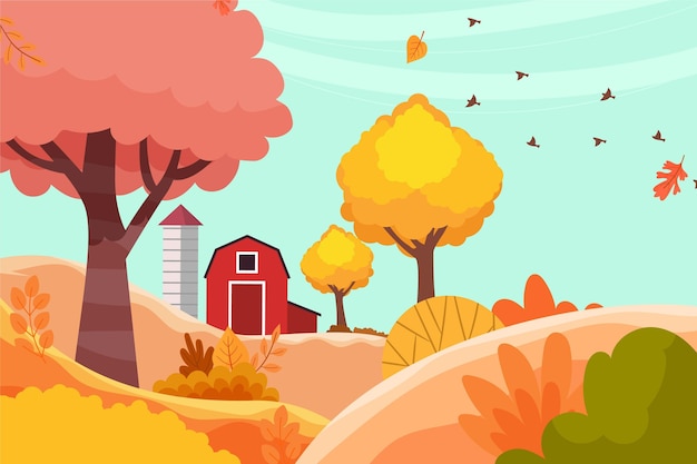 Paisaje de otoño de diseño plano con granero