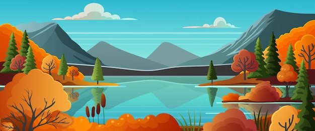 Paisaje de otoño con montañas e ilustración vectorial de lagos