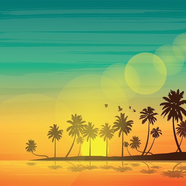 Vector paisaje con palmeras de coco al atardecer fondo fondo de silueta de venta de verano