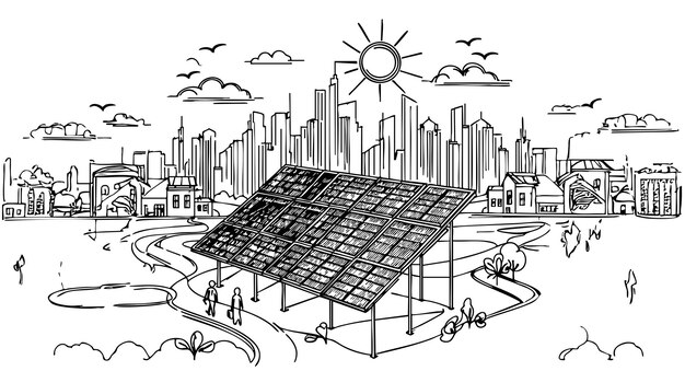 Paisaje con paneles solares en los campos dibujo de arte energético