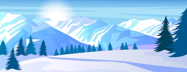 Paisaje panorámico de montañas nevadas Actividad turística al aire libre Tiempo de invierno Alto pico roca empinada Aventura escalada y viaje Frost y frío Bosque de pinos Ilustración vectorial