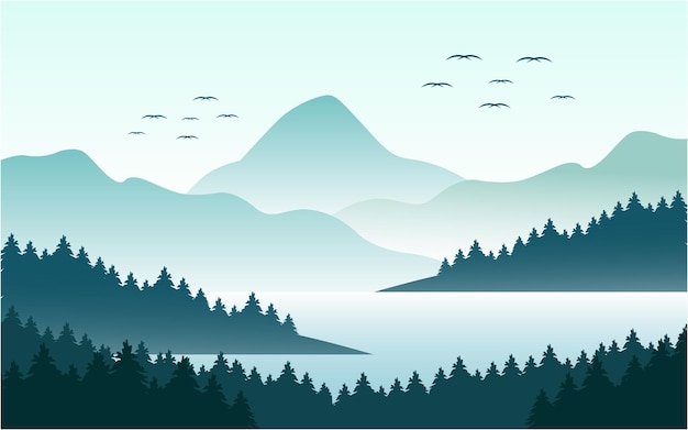 Paisaje panorámico pacífico de montaña y lago en plantilla de diseño de ilustración plana monocromática