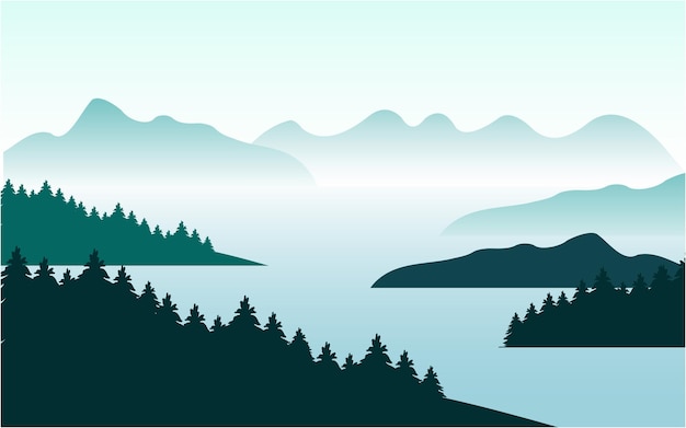 Paisaje panorámico pacífico de montañas y lagos en una plantilla de diseño de logotipo de ilustración plana