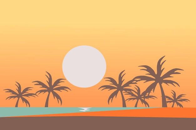 Un paisaje panorámico de playa al atardecer con las palmeras en un fondo colorido Ilustración vectorial