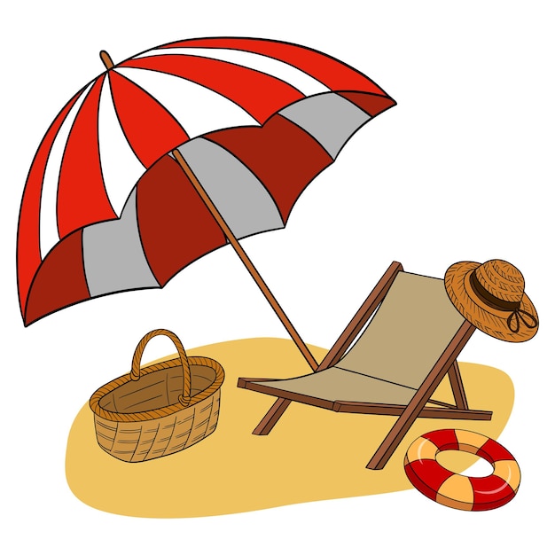 Paisaje de paraíso de playa de verano con cesta de paja de silla de playa y sombrero y flotador de goma