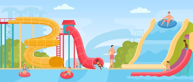 Paisaje de parque acuático de verano plano con padres e hijos en toboganes de agua. Parque de atracciones con piscina, tubería en espiral y afiche vectorial de tubo