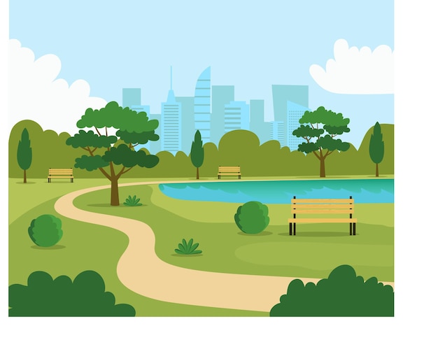 Paisaje en el parque de la ciudad. Banco y lago. Ilustración de estilo plano de vector.