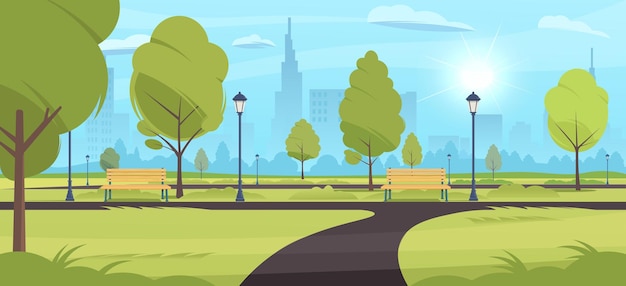Paisaje de parque urbano con bancos y árboles Ilustración vectorial
