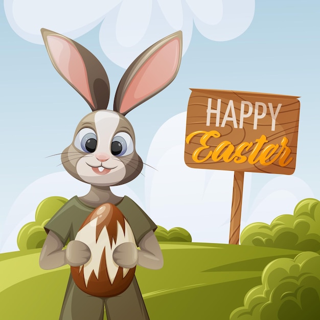paisaje de Pascua. El conejito sostiene un gran huevo pintado en sus patas. ilustración vectorial