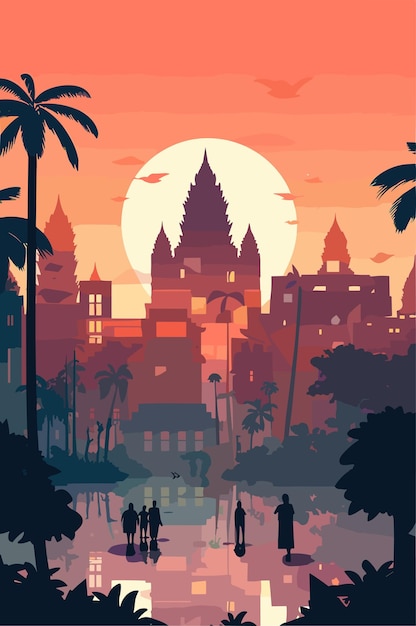 Vector paisaje de una pequeña ciudad de camboya por la noche ilustración plana vectorial