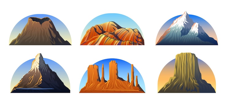 Vector paisaje de picos de montañas temprano en la luz del día gran conjunto valle del monumento matterhorn roraima fuji