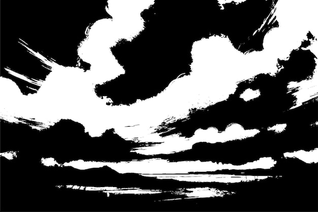 Paisaje de pincel de tinta negra y blanca con nubes dramáticas