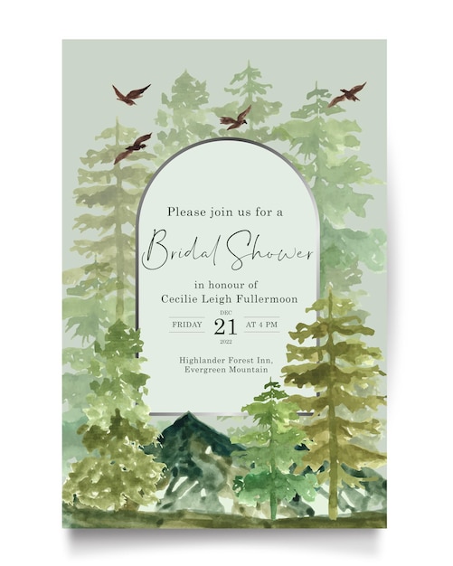 Paisaje de pino con silueta de pájaro y invitación de despedida de soltera de acuarela de fondo verde