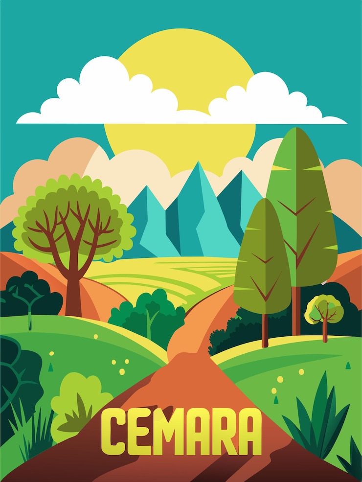 Vector un paisaje pintoresco con árboles de montaña y un sendero sinuoso que conduce a la palabra cemara