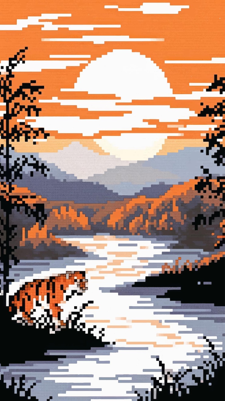 Vector paisaje pixelado del atardecer del río tigre