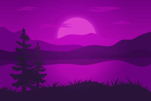 Paisaje plano un hermoso lago decorado en violeta oscuro