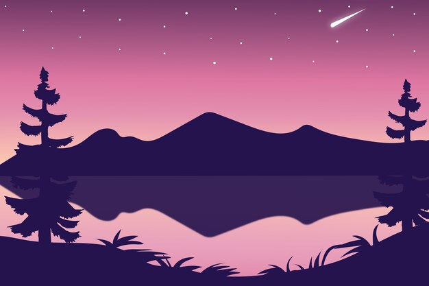 Vector paisaje plano del lago por la tarde, poniendo un sol púrpura